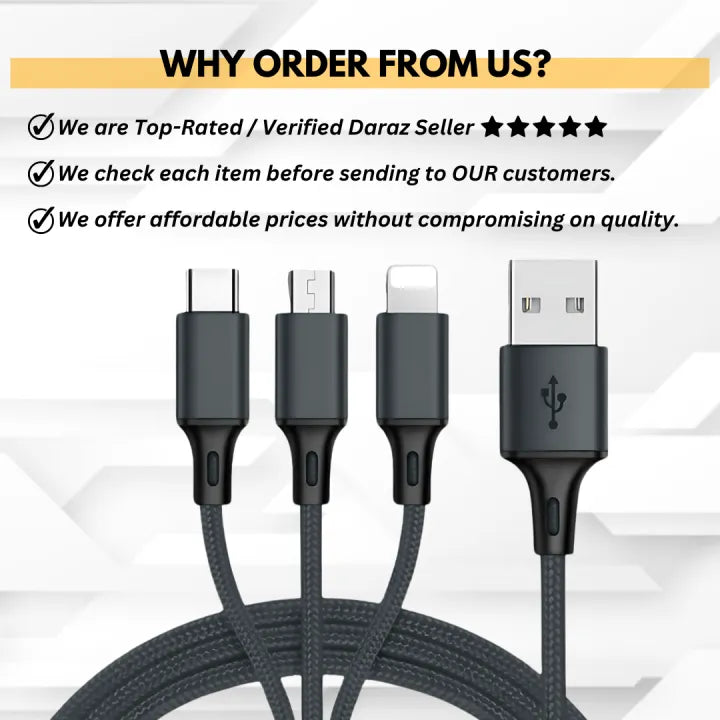 3 in 1 Universal Charging Cable | Multi USB Cord for Type C & Micro USB And Lightning Cable | Durable Charging Wire 100% Pure Copper Wire Heavy Duty Quick Charge Data Cable for All Smart Phones & Tablets
